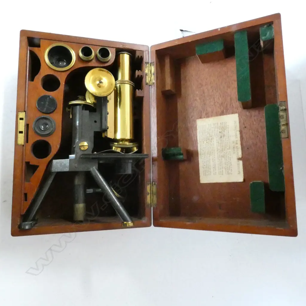 J.SWIFT & SON, LONDON BRASS COMPOUND MONOCULAR MICROSCOPE, RAISED ON FIXED TRIPOD BASE, IN MAHOG BOX Image 1++